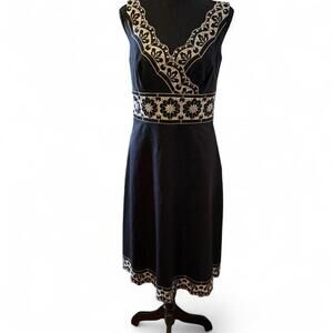 Ann Taylor black midi dress with cream embroidery Size: 6